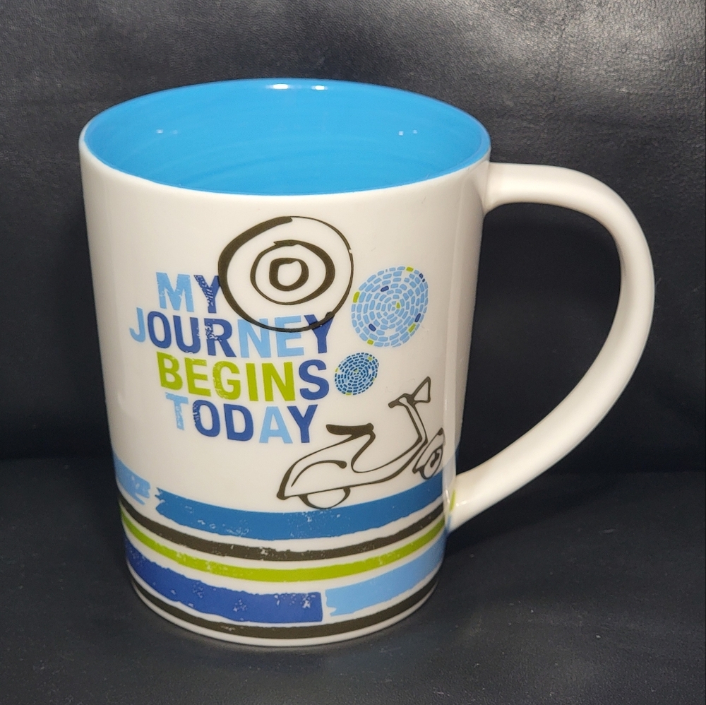 2008 Starbucks Coffee Mug Blue and White My Journey Begins Today Vespa Scooter